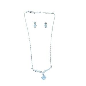 Silver Tone Necklace‎ and Earrings Set Square Cubic Zirconia Jewelry